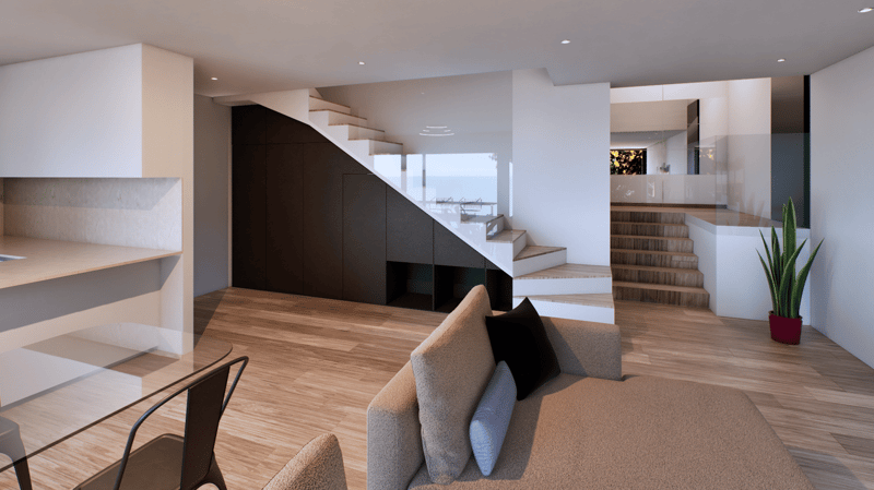 living room, open kitchen, stairs leading to upper floor, couch, dining table