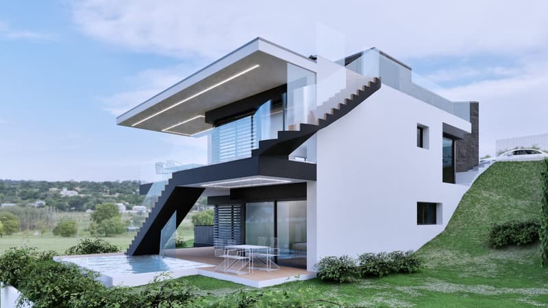 modern house, 2 levels, glass balcony, large terrace, outdoor pool, stairs, raised ground floor