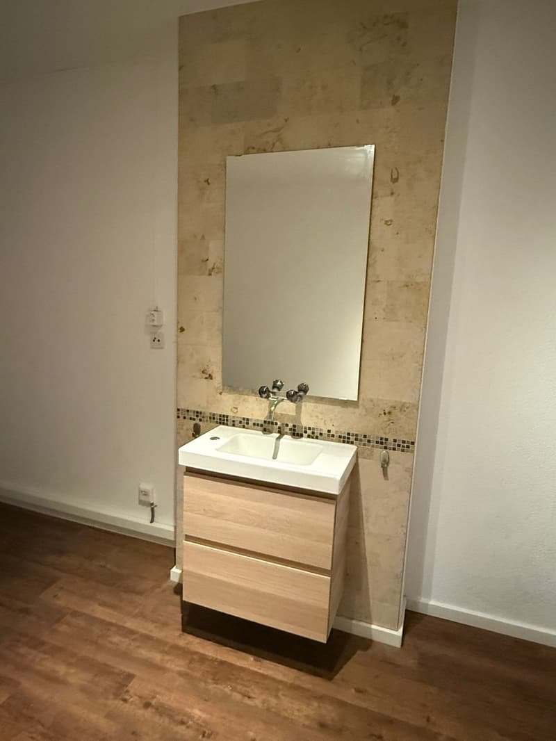 Bathroom with a white sink, mirror, and wooden cabinet below