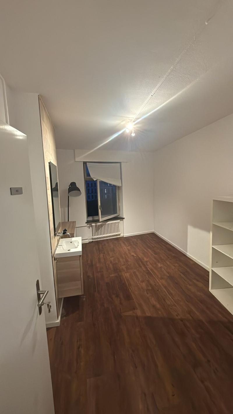 empty room, wooden floor, white walls, mirror, radiator, lamp, sink, wooden shelves