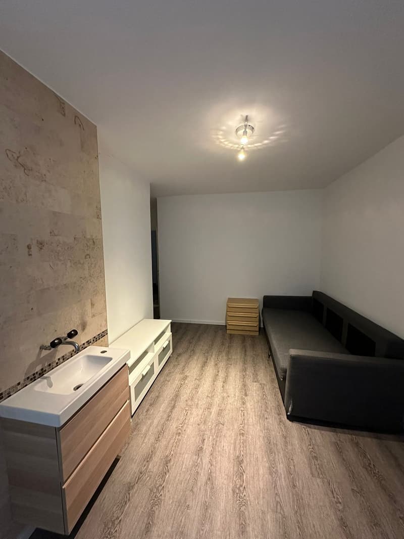 Empty room with hardwood floors, wall-mounted sink, small couch, white cabinet, wooden chest of drawers, wall texture.