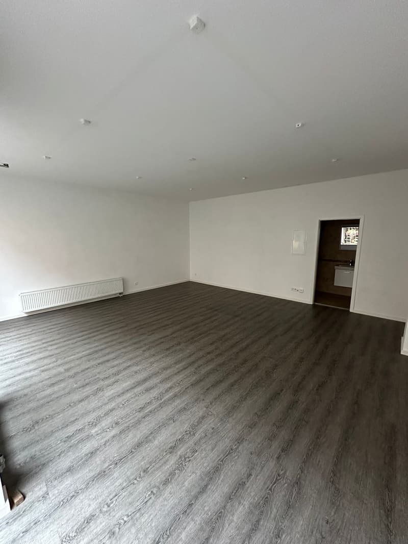 Open space with white walls, wooden floor, central radiator, and ceiling-mounted lighting.