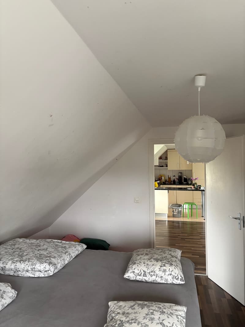 bed, 4 pillows, light hanging from ceiling, room with slanted ceilings, white walls, open door, hallway, wooden floor