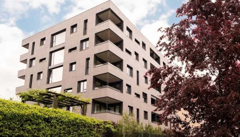 Apartment building, several balconies, white windows, brick wall, multiple levels, green bushes in front