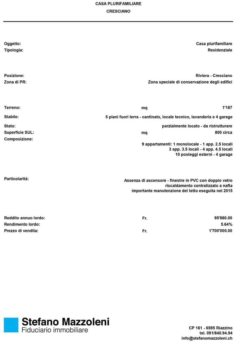 🏢 Cresciano – stabile a reddito con 9 appartamenti | rendimento netto teorico 5.64% (1)