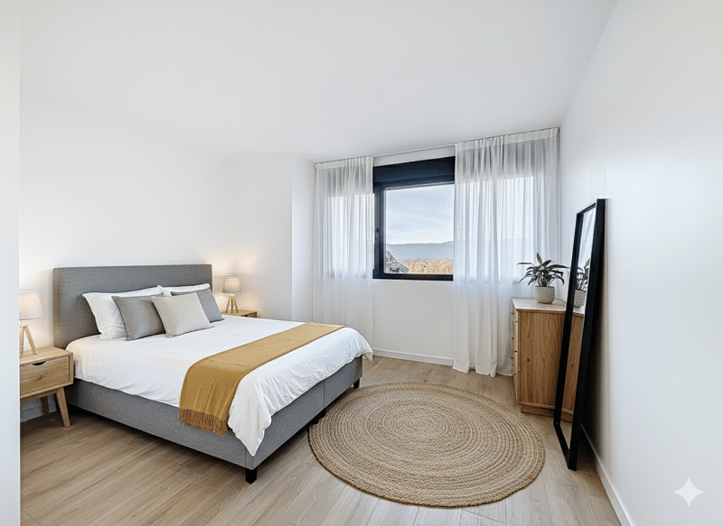 large bed, round rug, nightstands, lamps, window with view