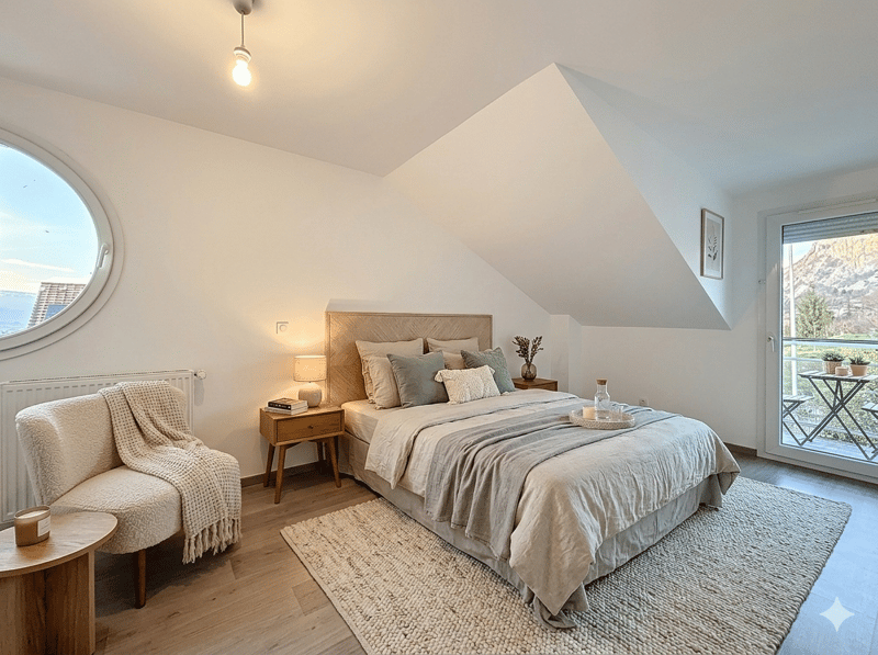 bedroom with bed, bedside tables, chair, rug, lamp, round window, balcony with table and chairs, potted plants