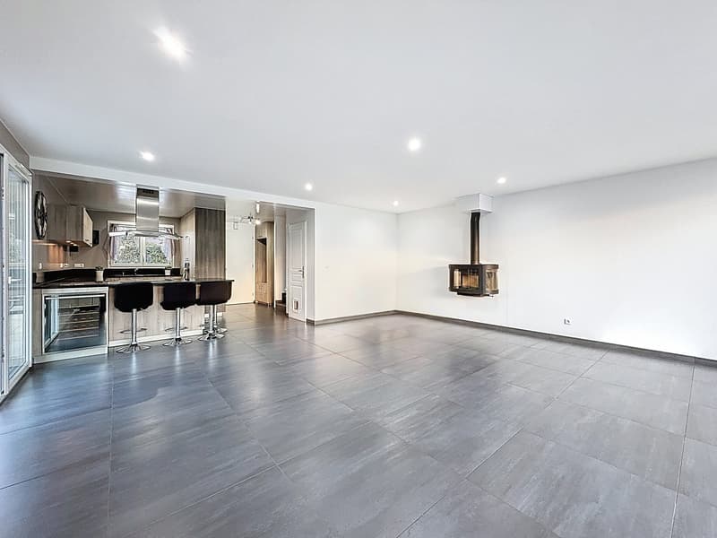 open kitchen, fireplace, large room, gray tiles, white walls, modern design