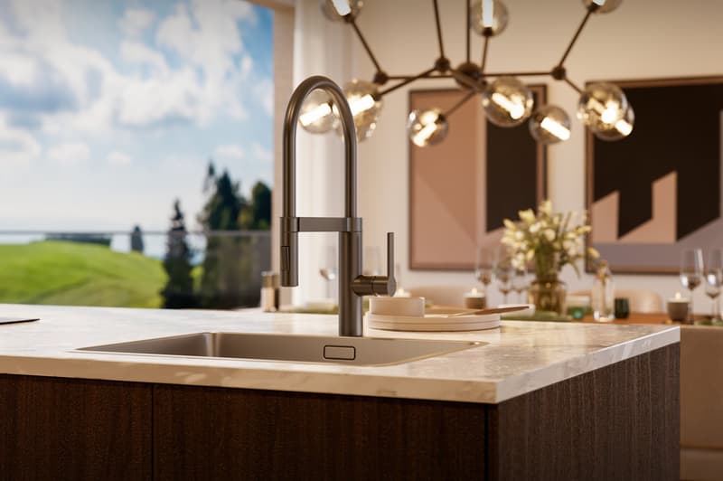 modern kitchen, stainless steel faucet, marble countertop, view of landscape