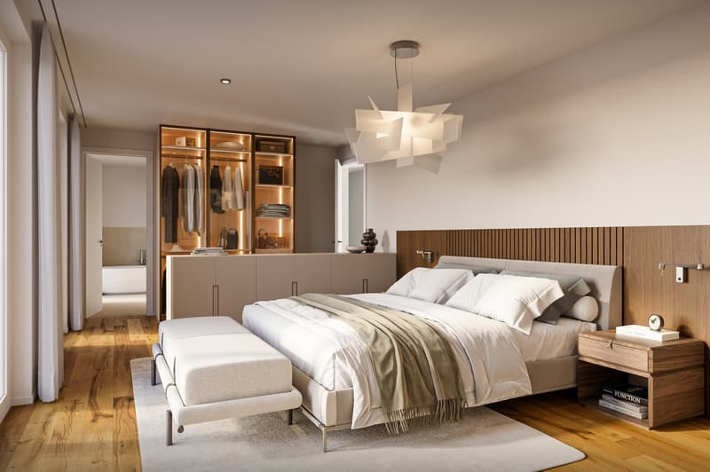 large bed, open closet, bed stools, nightstand with clock, wooden floors