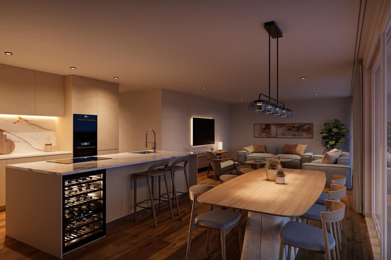 kitchen, dining table, living room, modern appliances, lamps