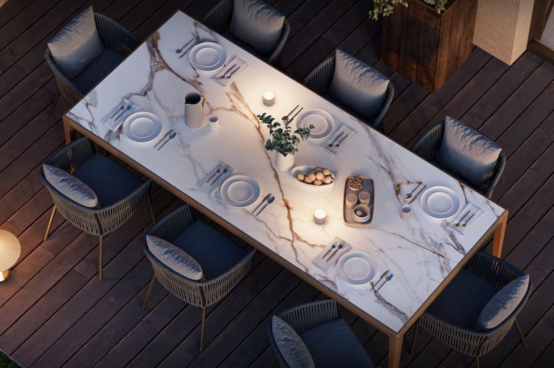 Outdoor dining table, marble top, chairs, view, plants