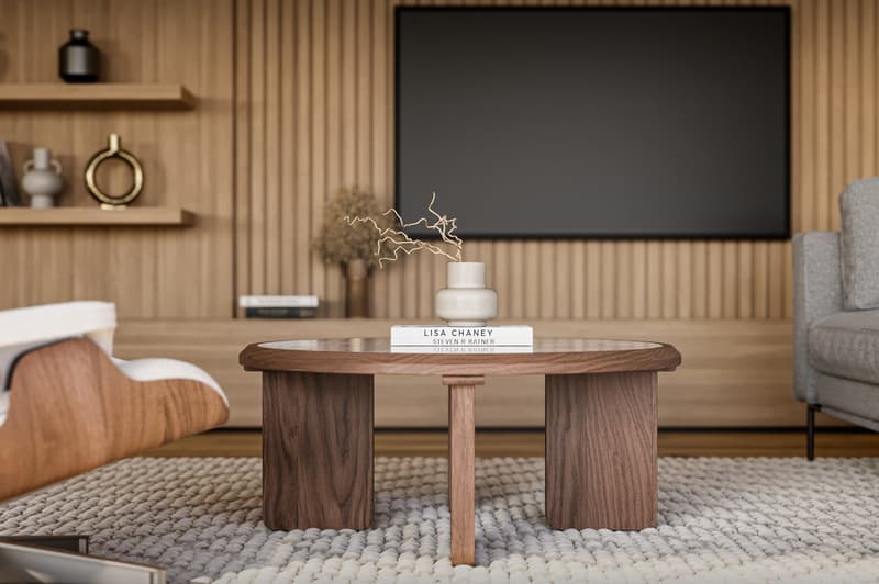 wooden coffee table, carpet, white sofa, TV, wooden shelves, armchair