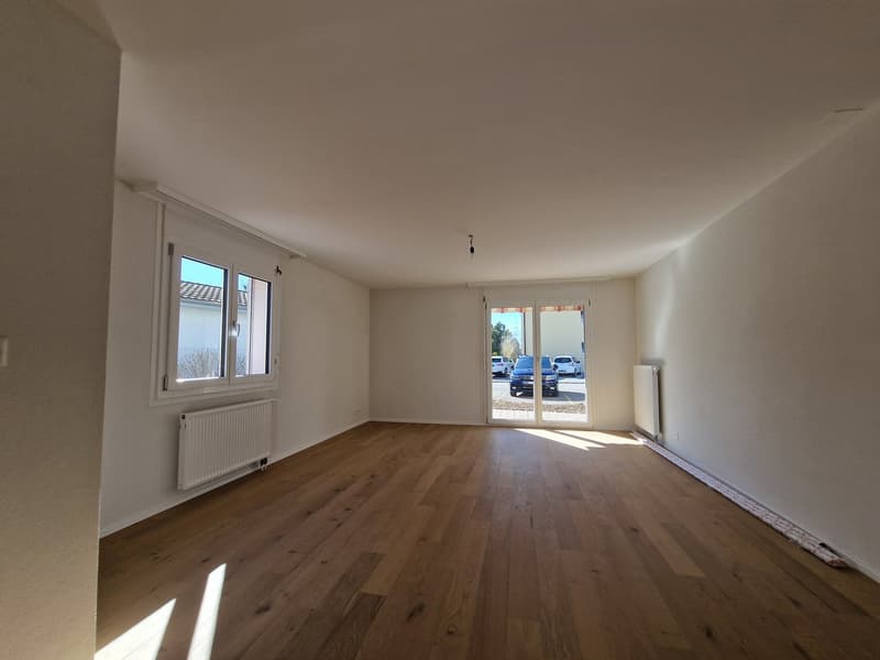 empty room, wooden floor, white walls, large windows, sliding glass door, radiators