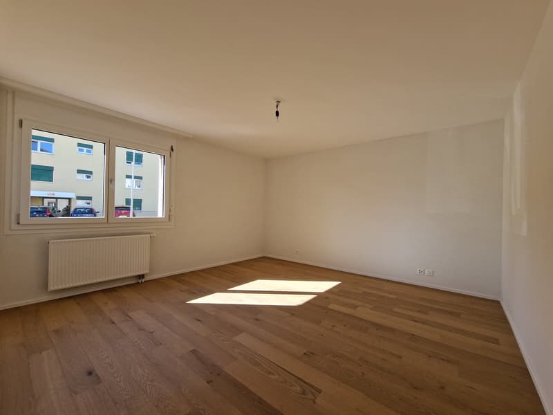empty room, white walls, wooden floor, large window, white radiator