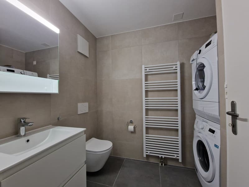 modern bathroom with white sink, mirror, toilet, washing machine, and towel rack