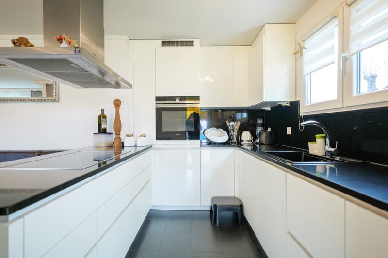 modern white kitchen, black countertops, island, integrated appliances, large windows