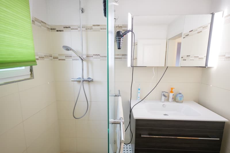 tiled shower area, modern shower with fixed showerhead, glass door, vanity with white sink, cabinets, bathroom mirror, towel rack, hair dryer