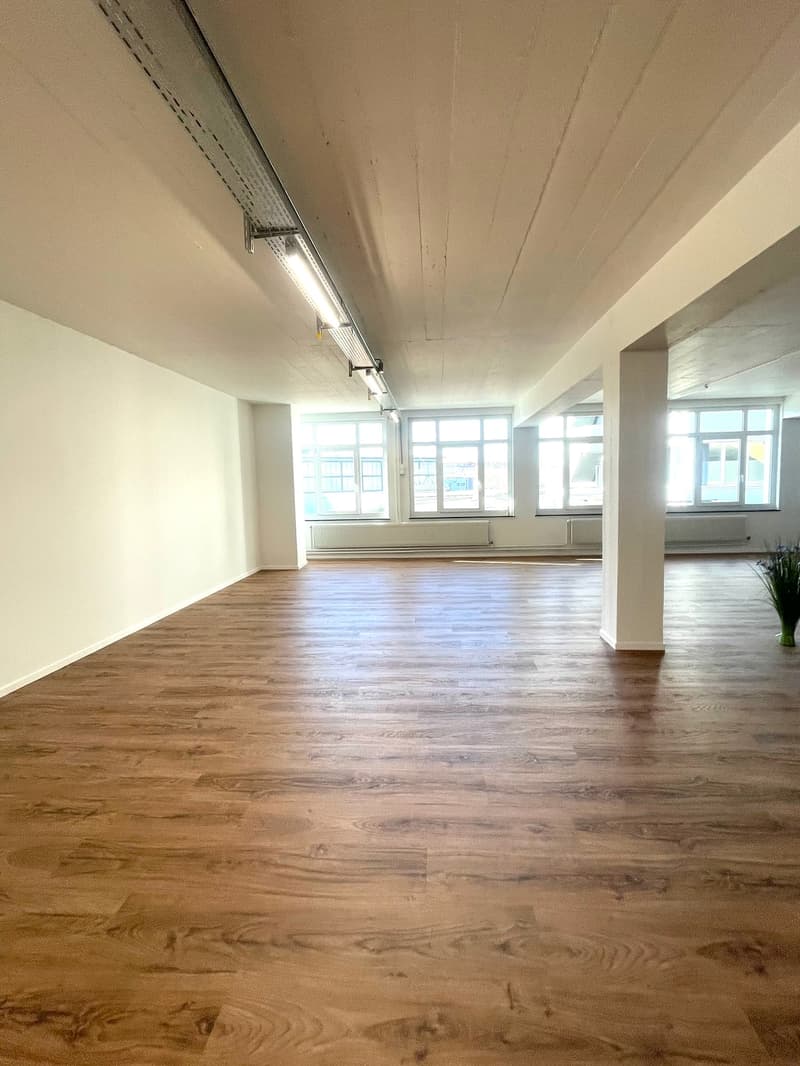 empty room, hardwood floor, fluorescent lighting, large windows