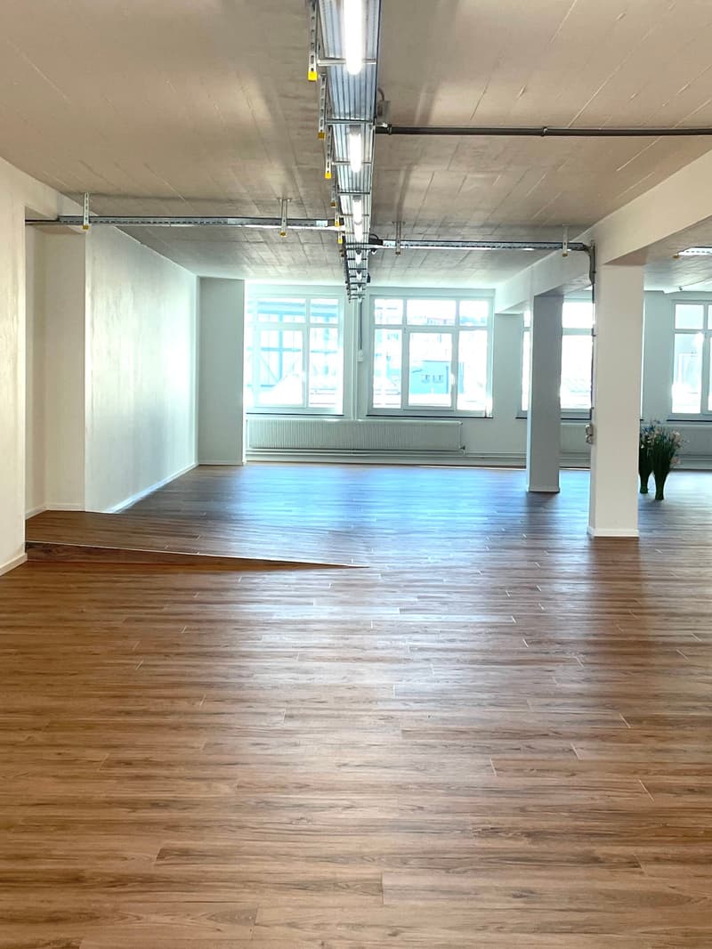 spacious room, wooden floor, high ceiling, white walls, central lighting, windows with views of the outside