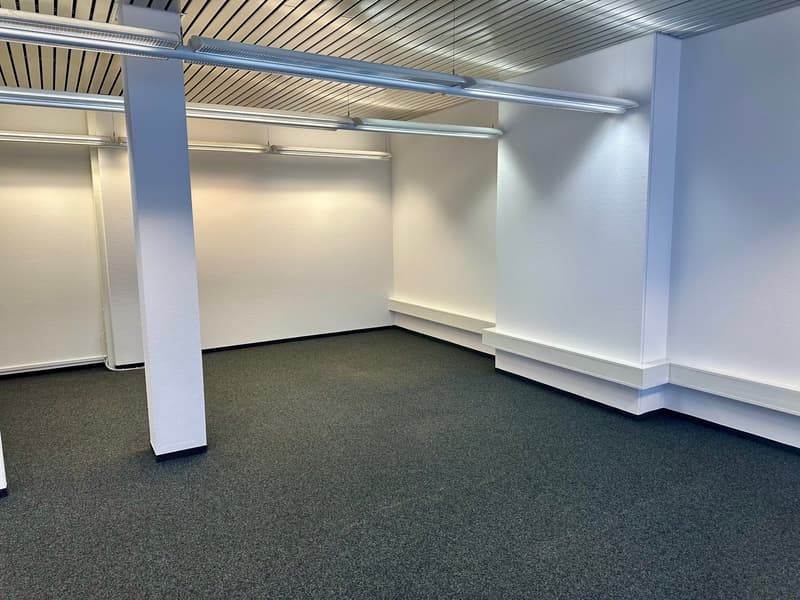 empty room, white walls, gray carpet, white benches, ceiling lights