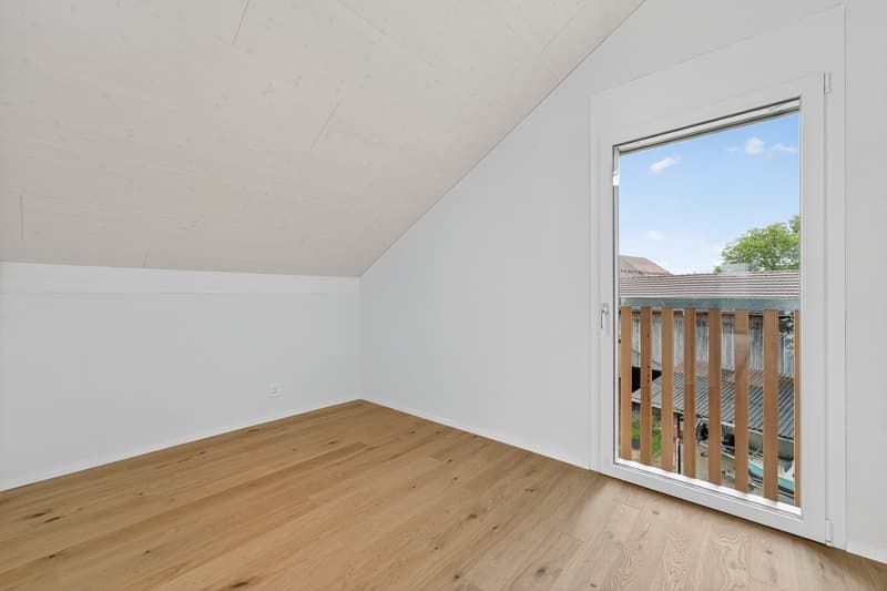 wooden floor, white walls, white ceiling, sliding glass door, railings, balcony