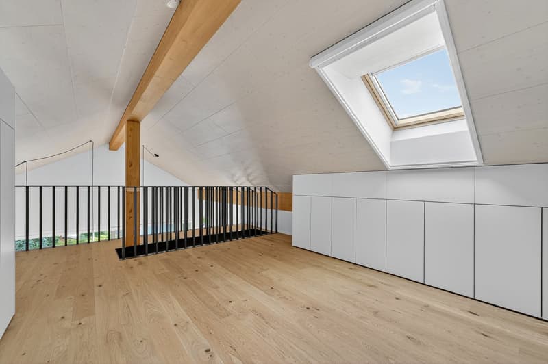 Skylight window, black railing, wooden floor, white cabinets, wooden beam