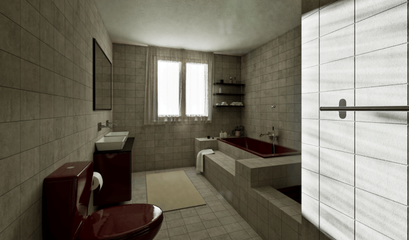 Bathroom with red walls, white tiled floor, a window, a bathtub, a sink, a toilet, and shelves