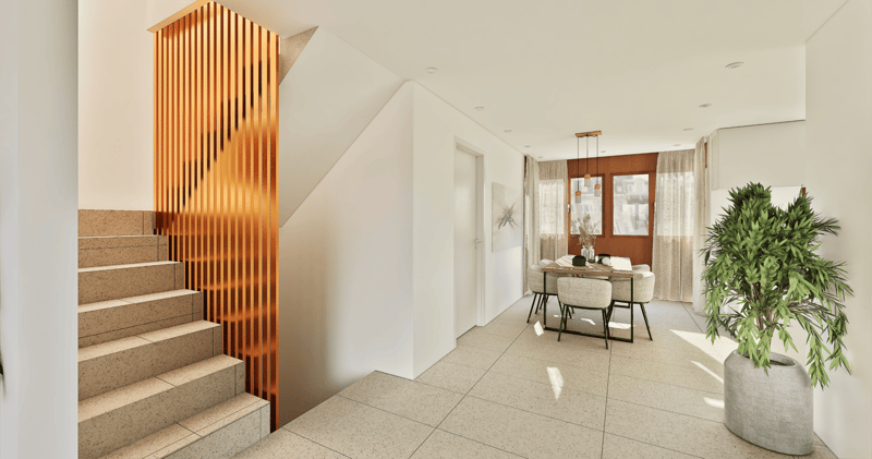 Staircase, Dining room, living room, kitchen, balcony