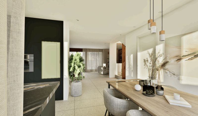modern dining room with large windows, beige tiled floor, wooden dining table, chairs, a potted plant, pendant lamps, and various decorative items
