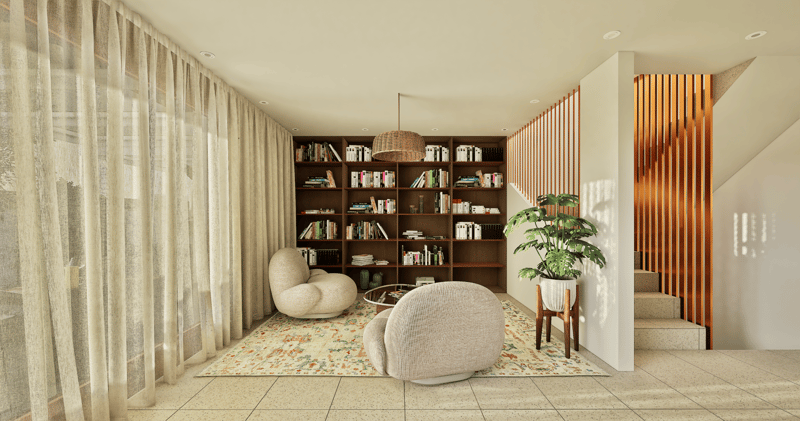 Modern room with large rug, two modern chairs, large bookshelf, small glass table, large plant.