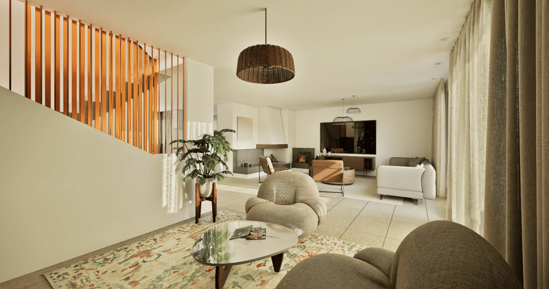 Contemporary design, fireplace, wooden stairs, multiple seating areas, coffee table, rug, pendant lights, glass table, curtains, potted plant