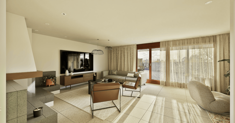 Modern living room with a fireplace, a large television, and large windows
