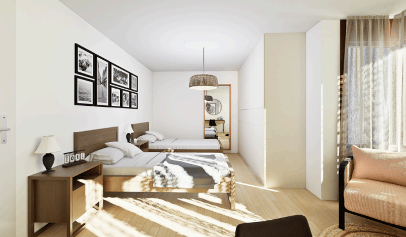 bedroom with two single beds, desk, mirror, nightstands with lamps, decorative items, parquet flooring