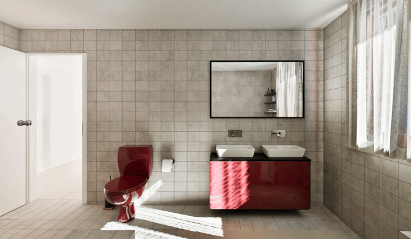 Modern bathroom with red tiles, a red toilet, double sink, and a mirror with shelves