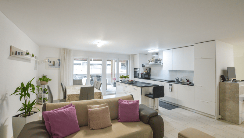 Open space, couch, dining table, white cabinets, tiles, glass doors, potted plants, chairs, bicycle