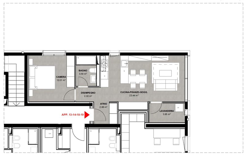 Main Floor: entrance hall, living area, kitchen, dining room, 2 bedrooms, bathroom, balcony, laundry room