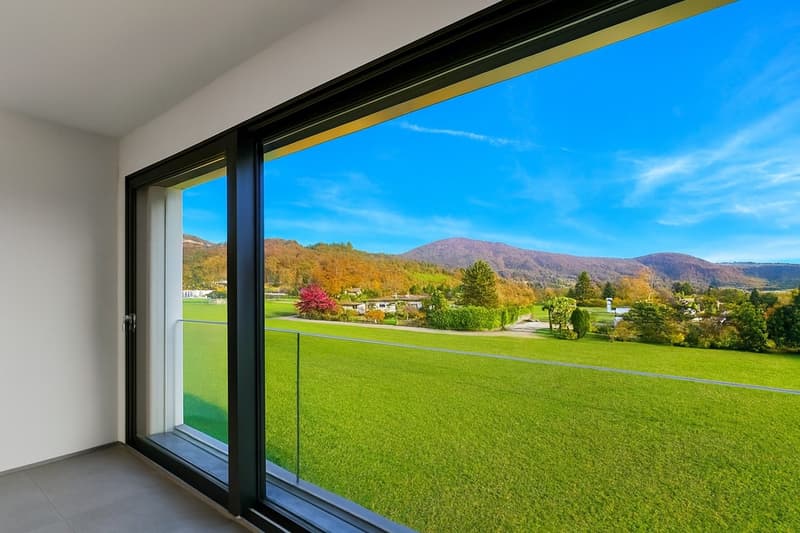 Balcony with floor to ceiling windows, sliding doors, view of wide grassy field, mountains in the distance.