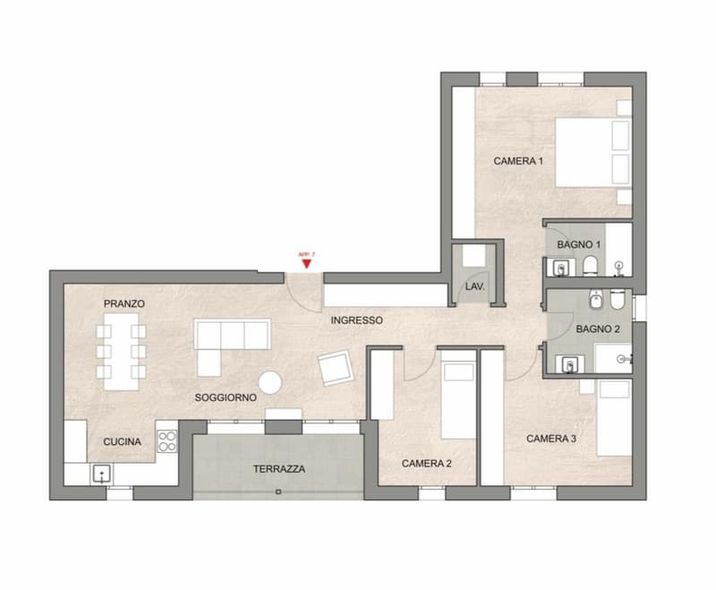 Dining room, living room, 3 bedrooms, 2 bathrooms, terrace