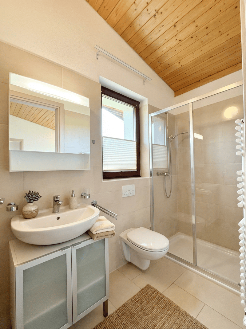Bathroom with white sink, mirror, shower, toilet, and wooden ceiling