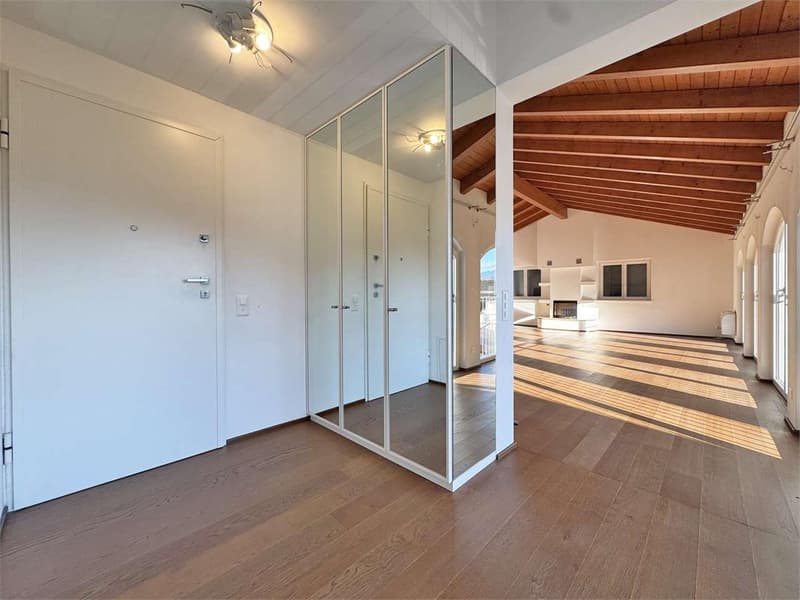 large room, wooden floor, white walls, glass doors, wooden ceiling, windows