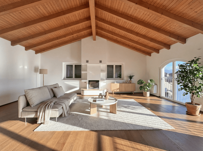 wooden ceiling, white walls, fireplace, couch, coffee table, rug, wooden floor, balcony, plants, view