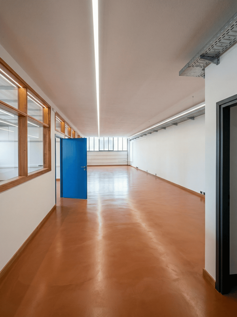 Empty room, brown floor, white walls, blue door, windows, ceiling lights