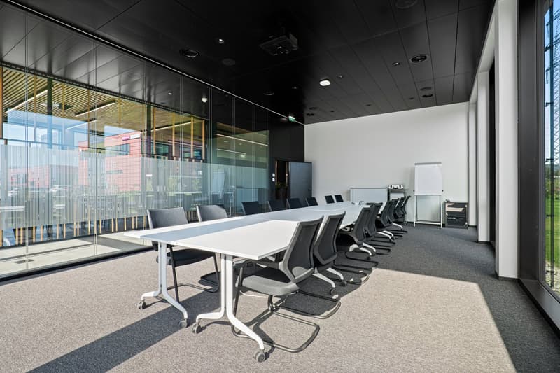 modern design, large windows, long table, swivel chairs, whiteboards