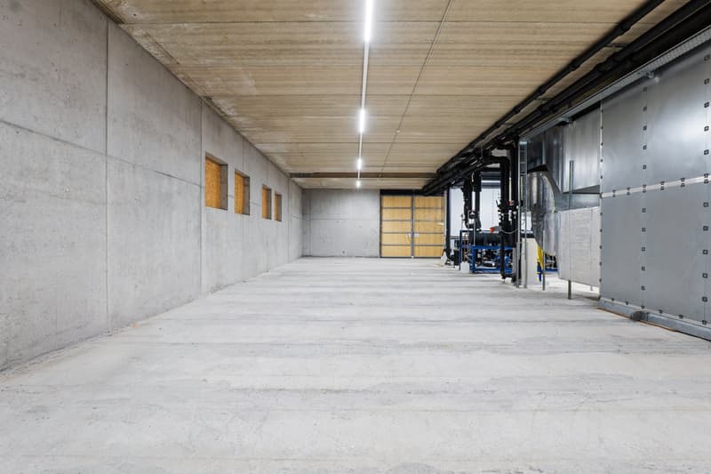 Concrete walls, concrete floor, windows, metal pipes, wooden doors, industrial setting