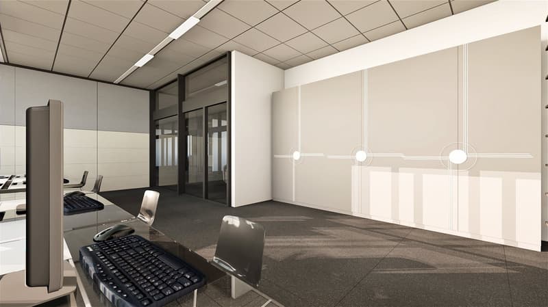 modern office space with glass walls, large monitor, black keyboard, desk, and chairs