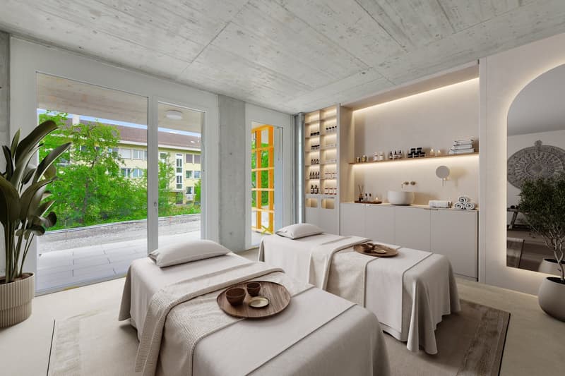 spa room with massage tables, large windows, white interior, modern decor, plants, shelves with bottles, sink, mirror, rug