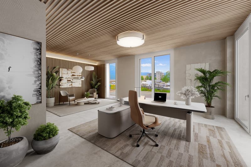 Modern office with large windows and balcony. Features a desk, office chair, and laptop. Contains potted plants and artwork. Wooden ceiling.