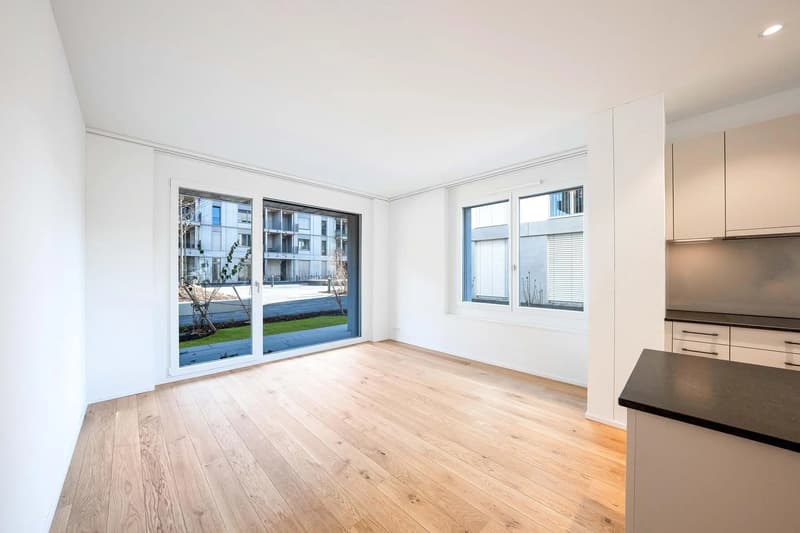 white walls, wooden floor, large windows, kitchen area with cabinets and countertop