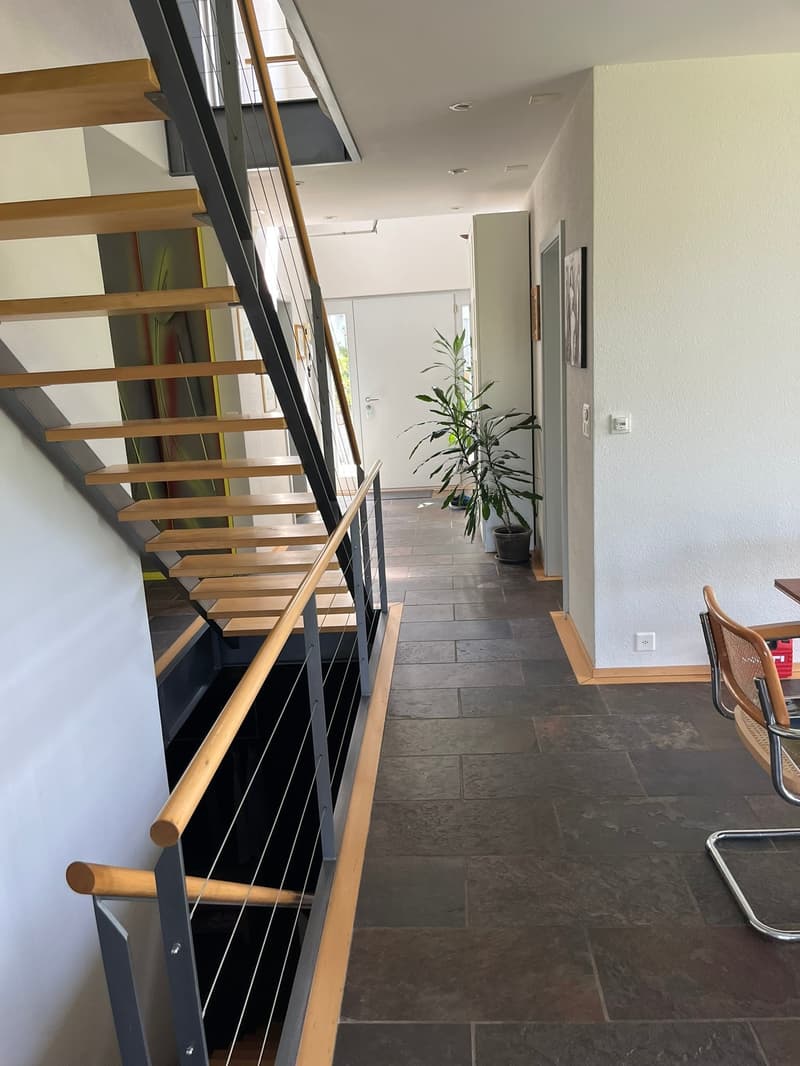 A hallway of the house with tiled floor, a staircase with wooden steps and black metal railings, and a potted plant.